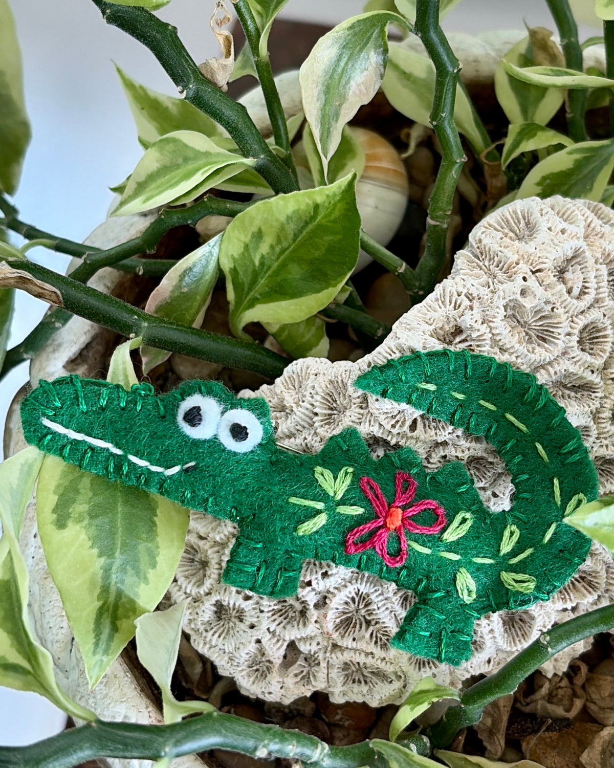 Brooch - hand stitched - crocodile