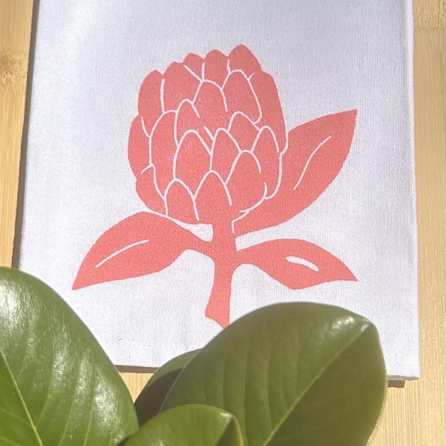 Tea towel - hand printed - protea