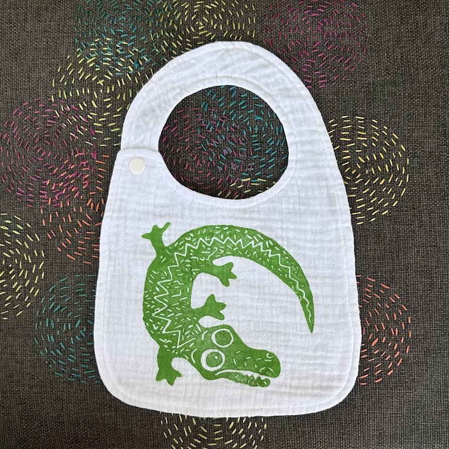 Bib - hand printed - crocodile
