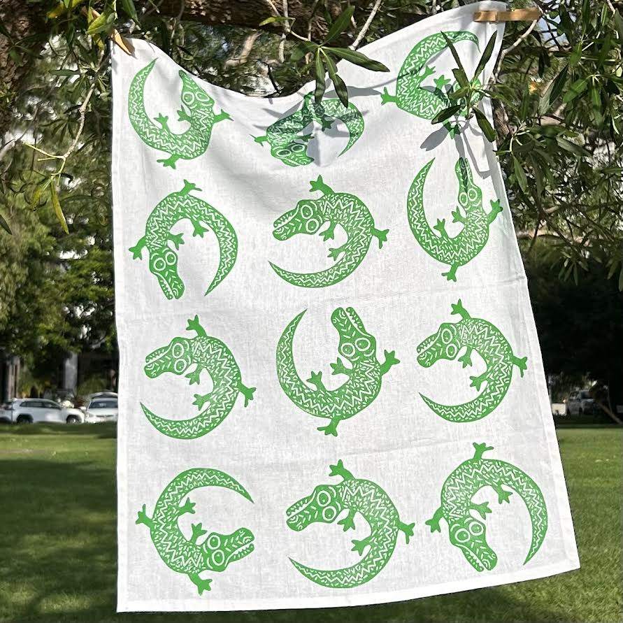 Tea towel - hand printed - crocodile