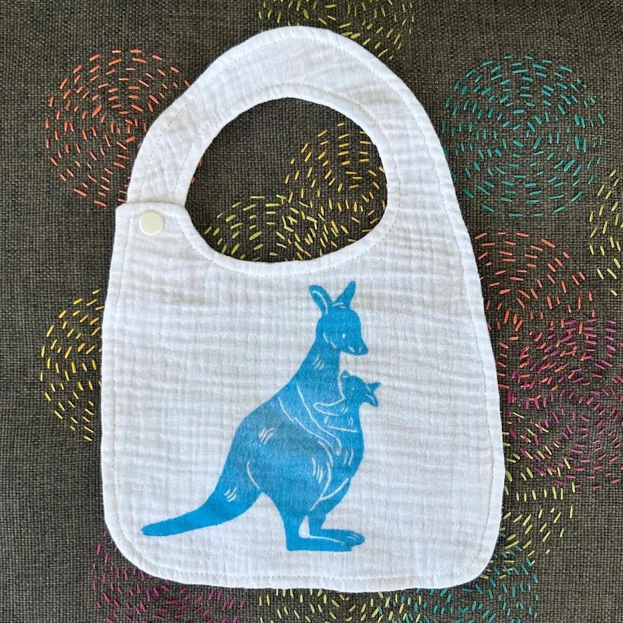 Bib - hand printed - mother kanga and joey