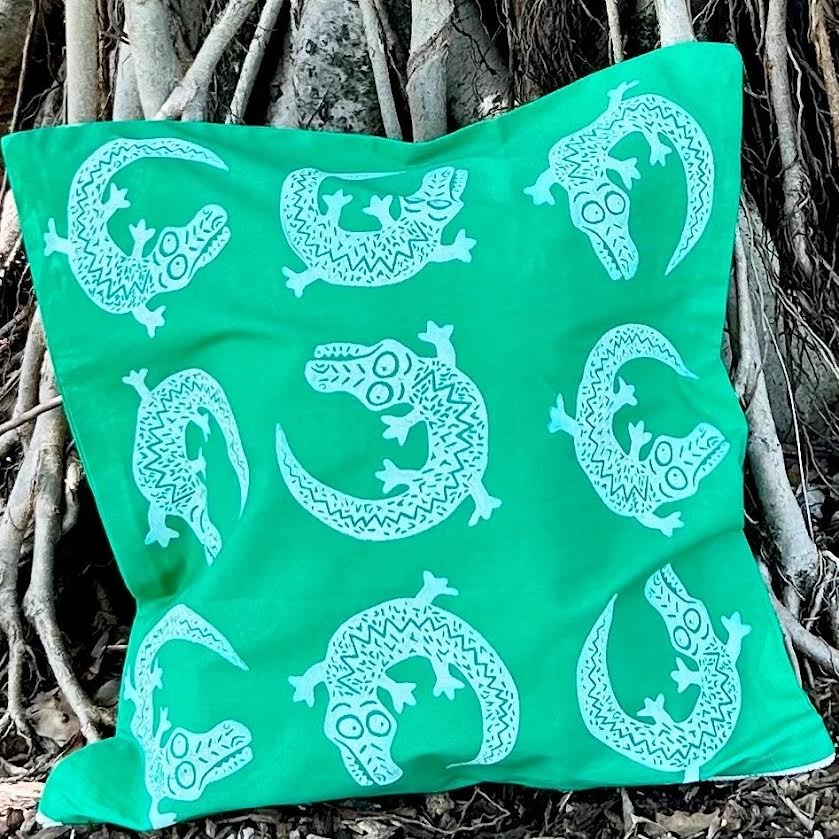 Cushion cover - hand printed - crocodile