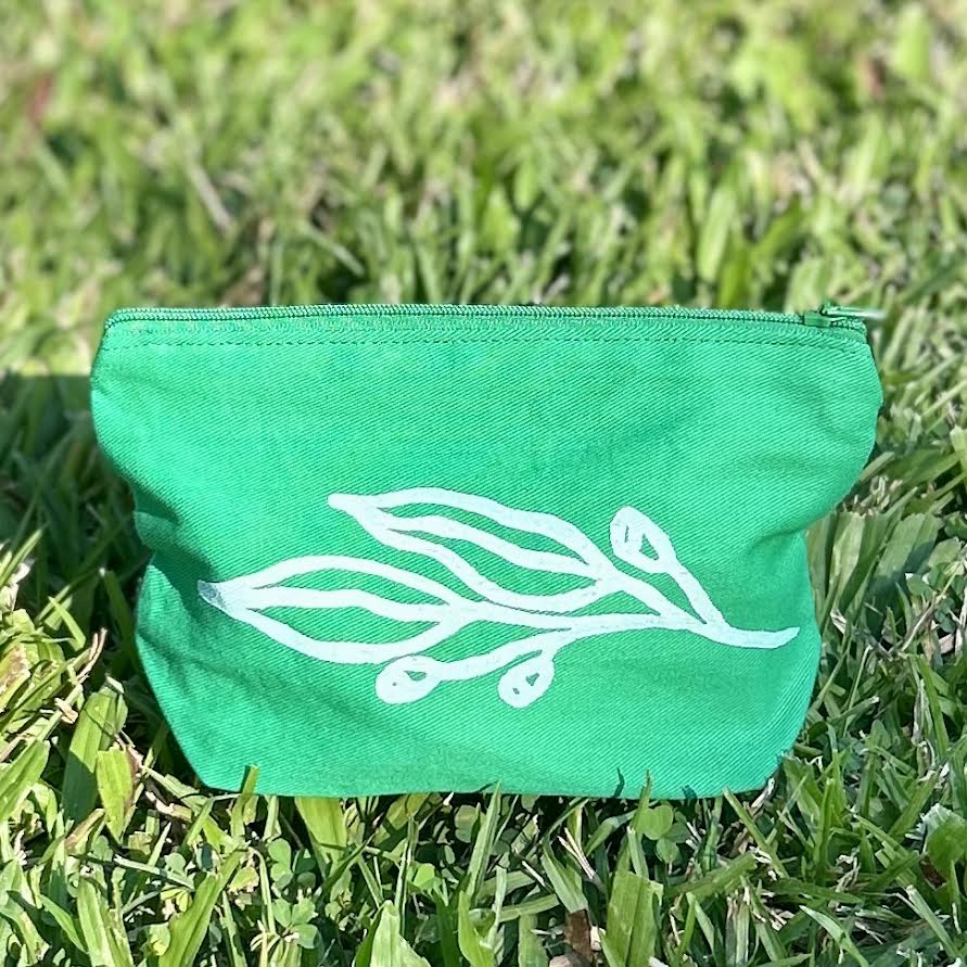 Zip pouch - hand printed - gum leaves