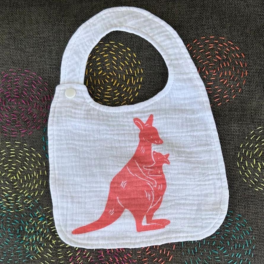 Bib - hand printed - mother kanga and joey