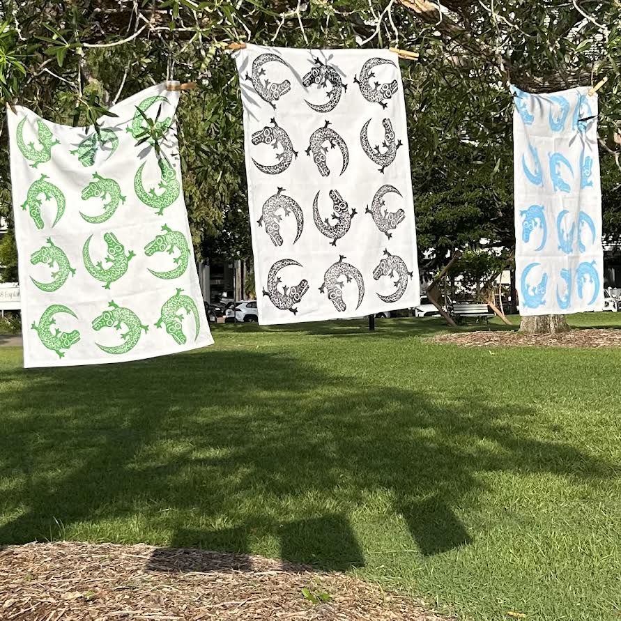 Tea towel - hand printed - crocodile