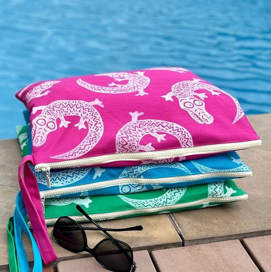 Wet bag large - hand printed - crocodile