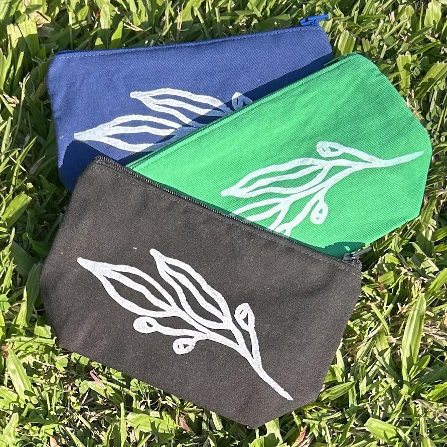 Zip pouch - hand printed - gum leaves