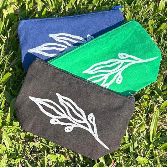 Zip pouch - hand printed - gum leaves