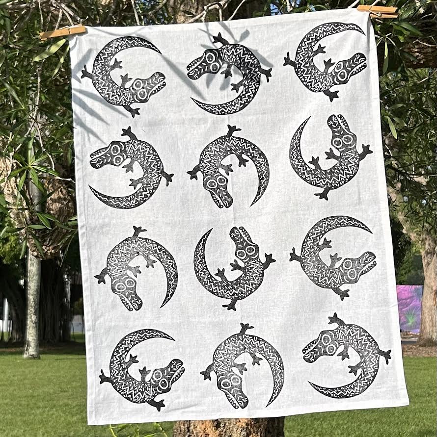 Tea towel - hand printed - crocodile
