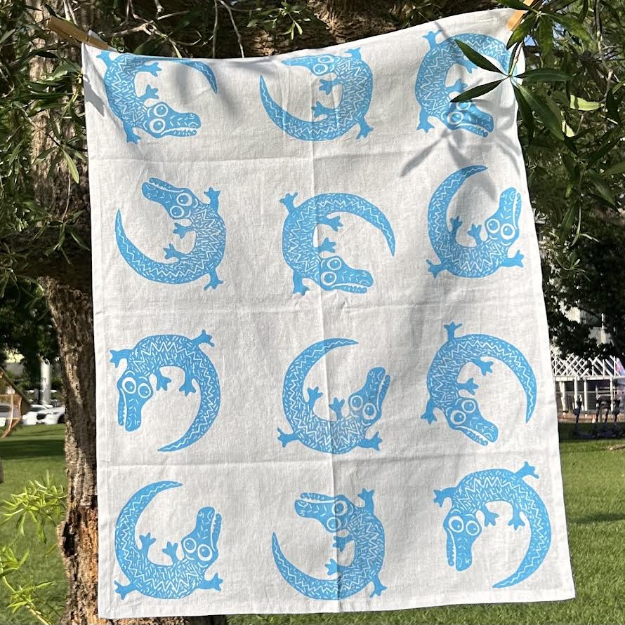 Tea towel - hand printed - crocodile
