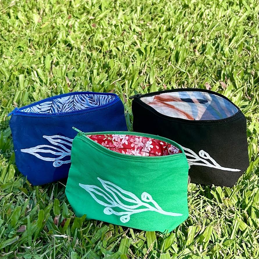 Zip pouch - hand printed - gum leaves