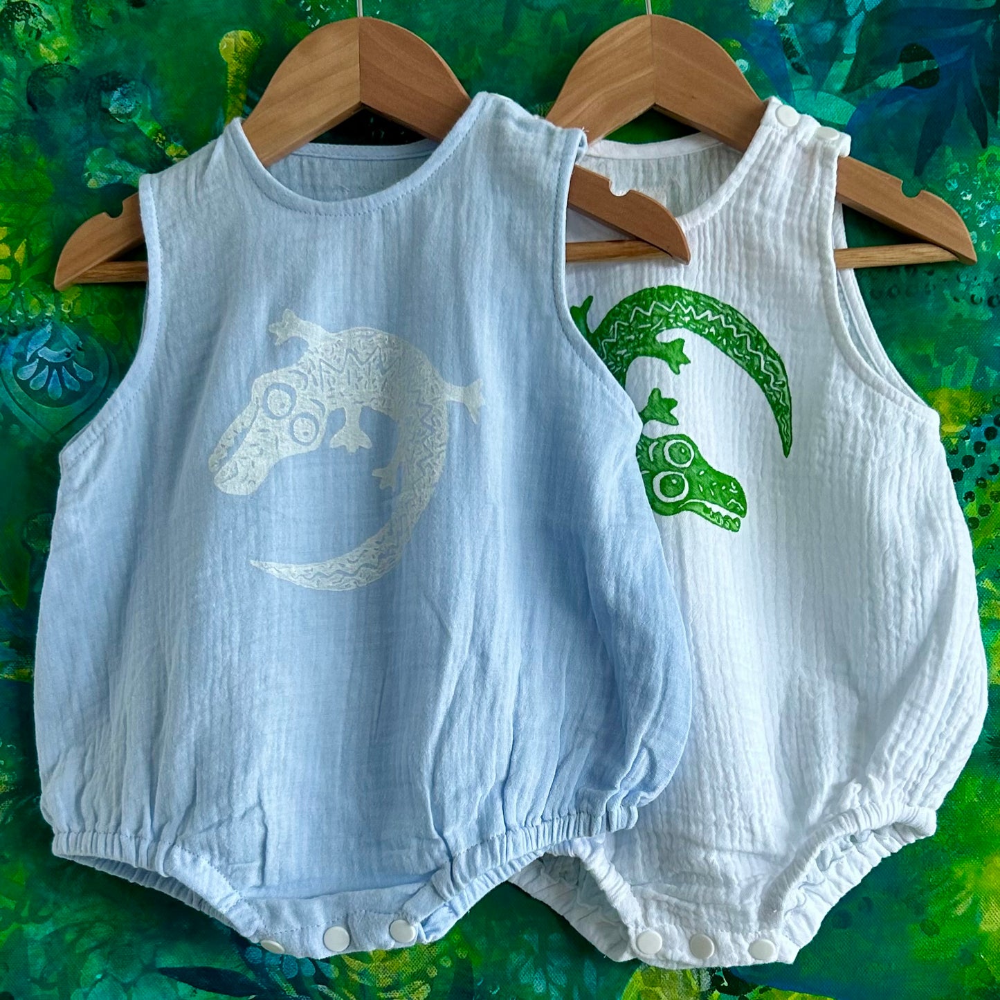 Onesie - hand printed - crocodile