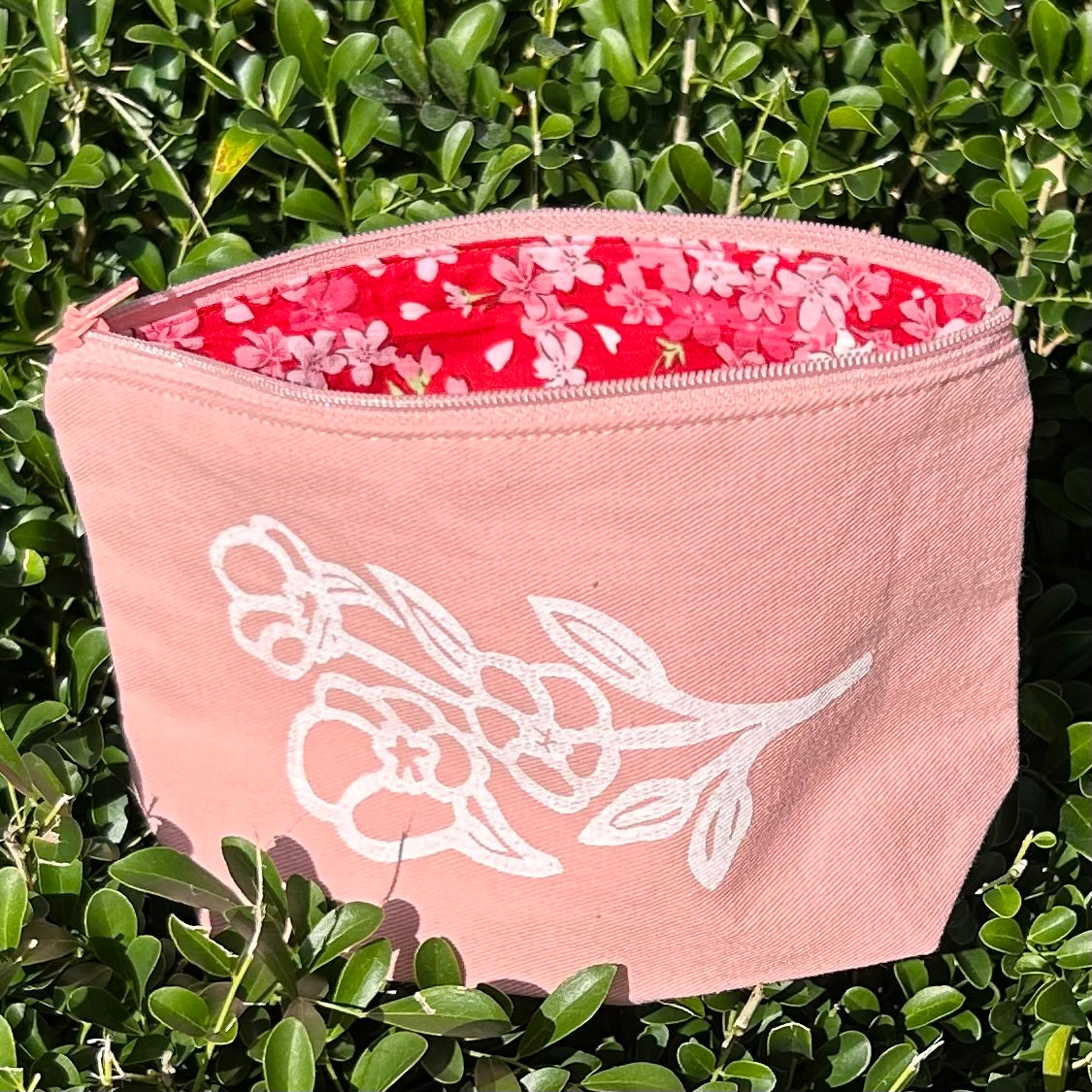 Zip pouch - hand printed - Sturt desert rose