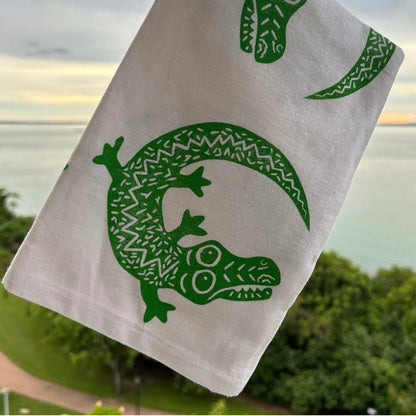 Tea towel - hand printed - crocodile