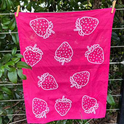 Tea towel - hand printed - strawberries