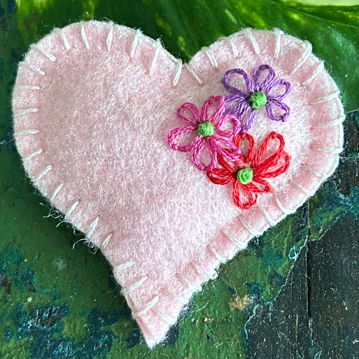 Brooch - hand stitched - floral heart