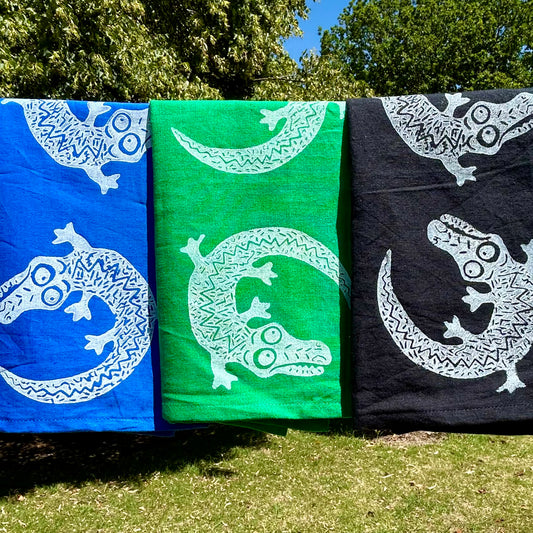 Tea towel - hand printed - crocodiles