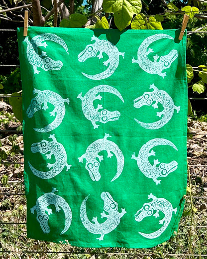 Tea towel - hand printed - crocodiles