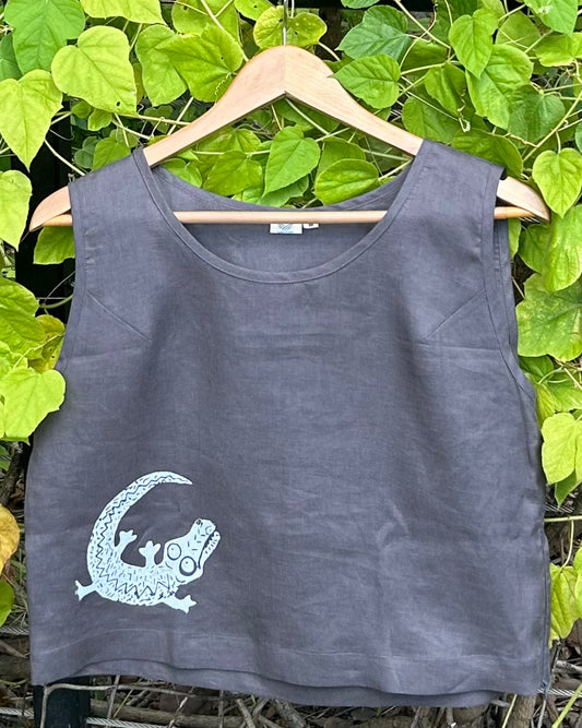 Sleeveless linen top - hand printed - crocodile