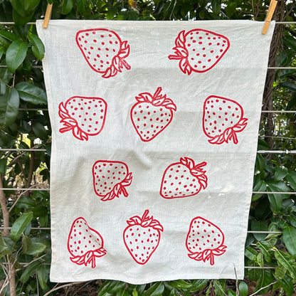 Tea towel - hand printed - strawberries