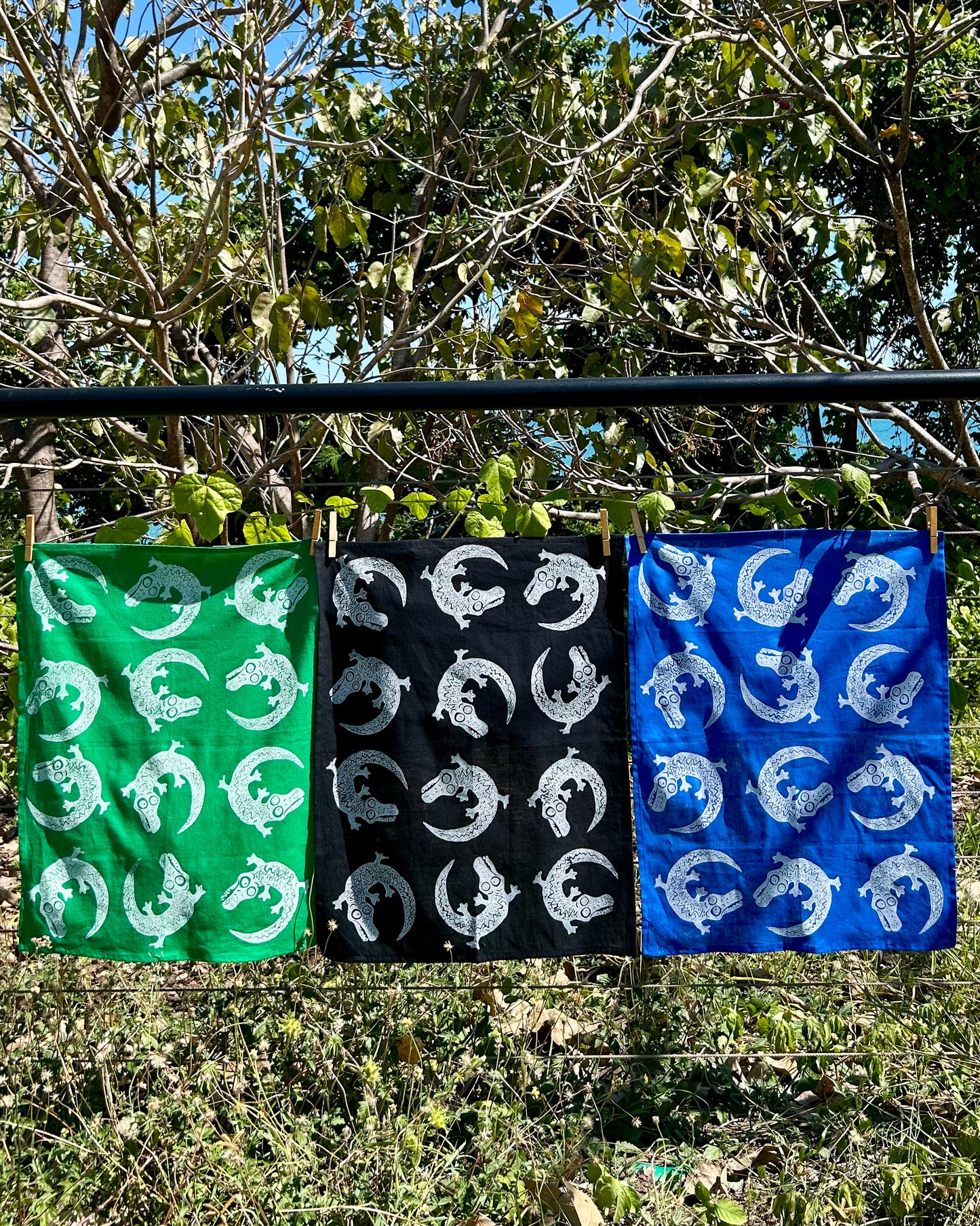 Tea towel - hand printed - crocodiles
