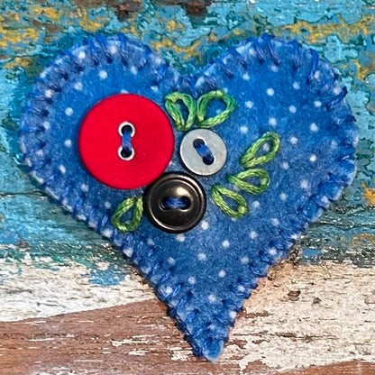 Brooch - hand stitched - blue heart