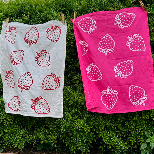Tea towel - hand printed - strawberries