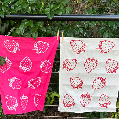 Tea towel - hand printed - strawberries