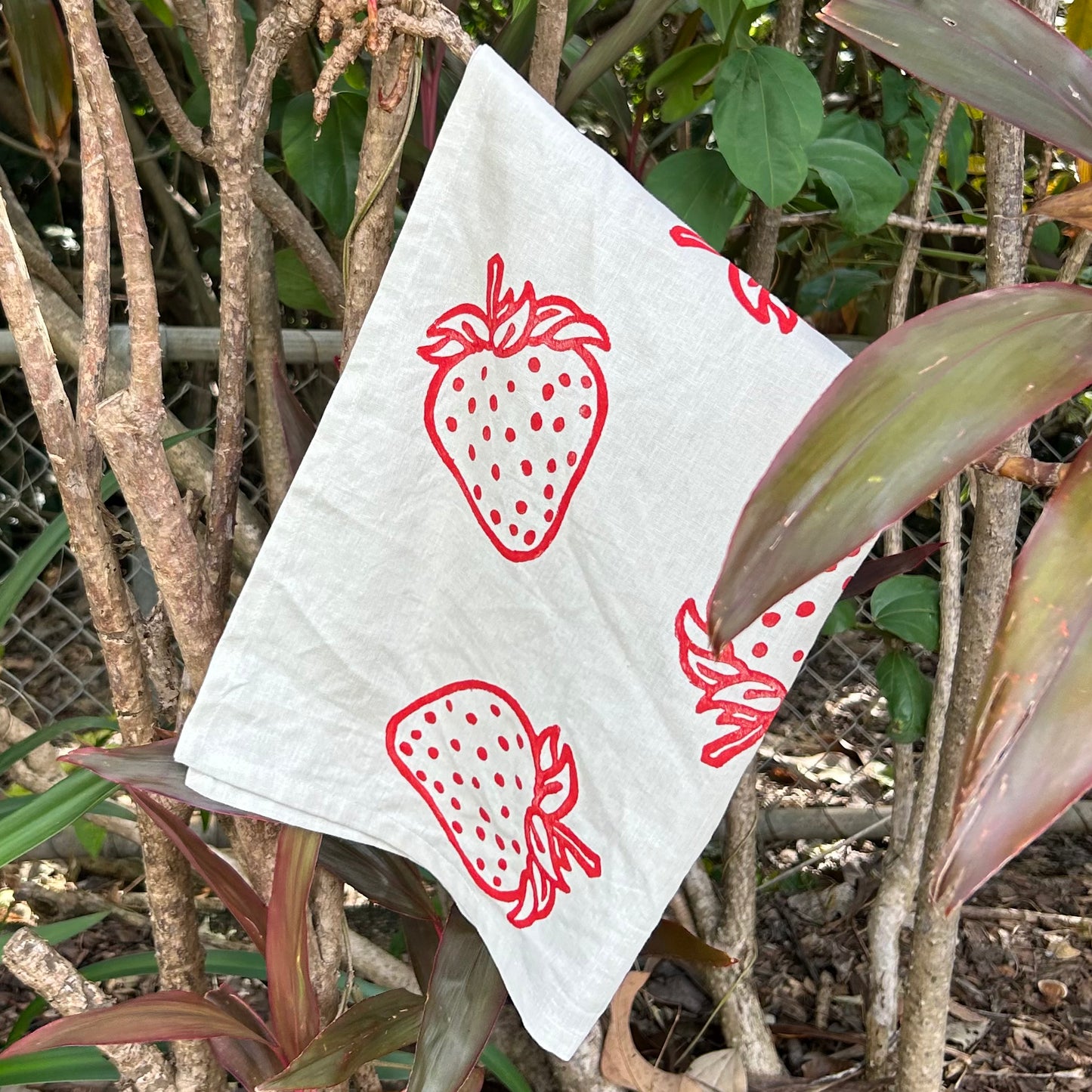 Tea towel - hand printed - strawberries