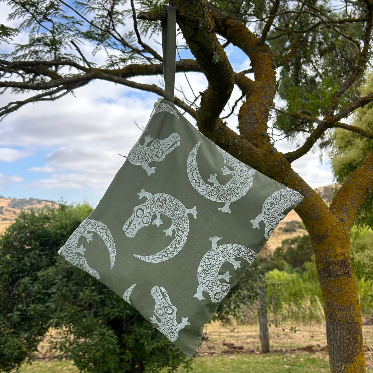 Wet bag large - hand printed - crocodiles