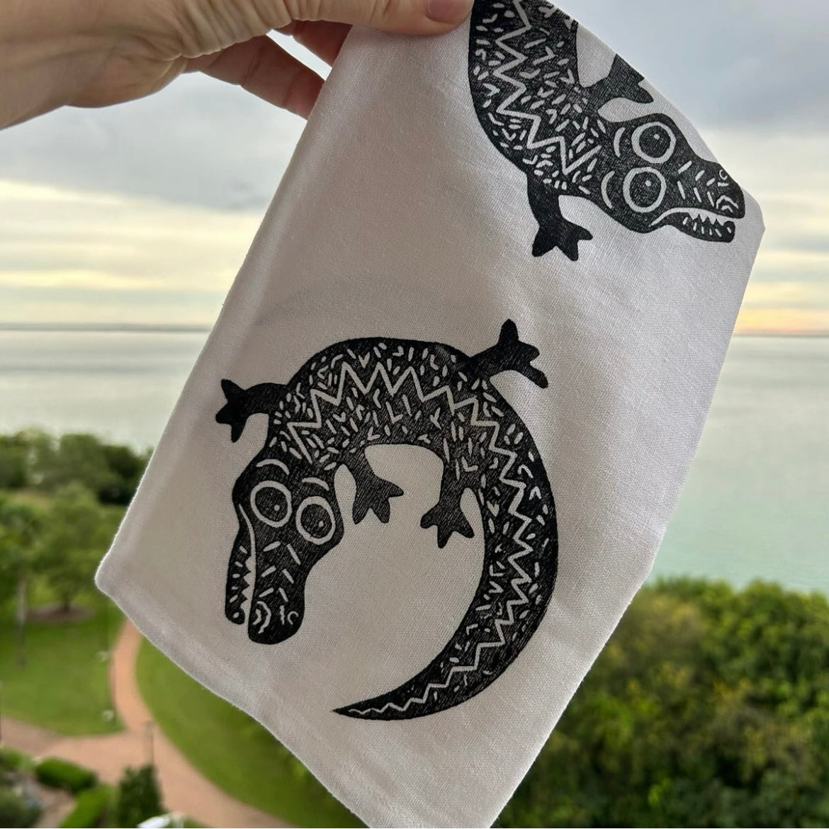 Tea towel - hand printed - crocodile