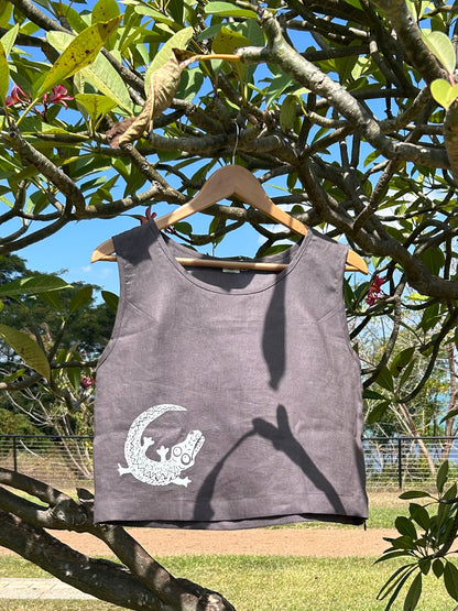 Sleeveless linen top - hand printed - crocodile