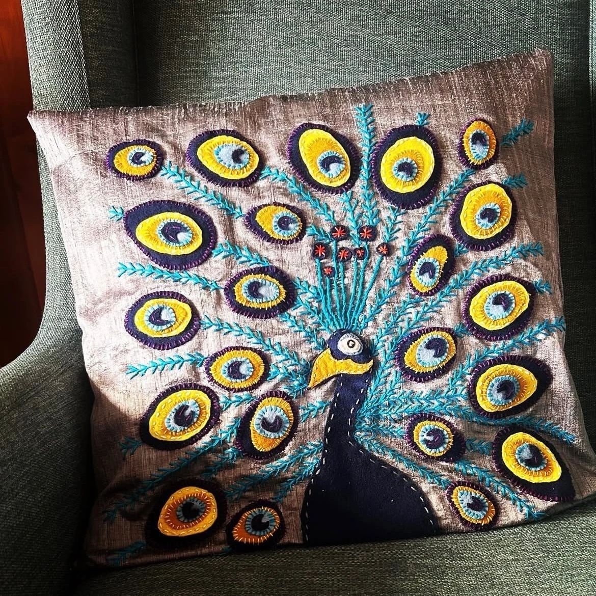 Cushion - hand stitched silk - Mr Proudfeather