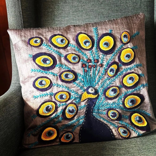 Cushion - hand stitched silk - Mr Proudfeather