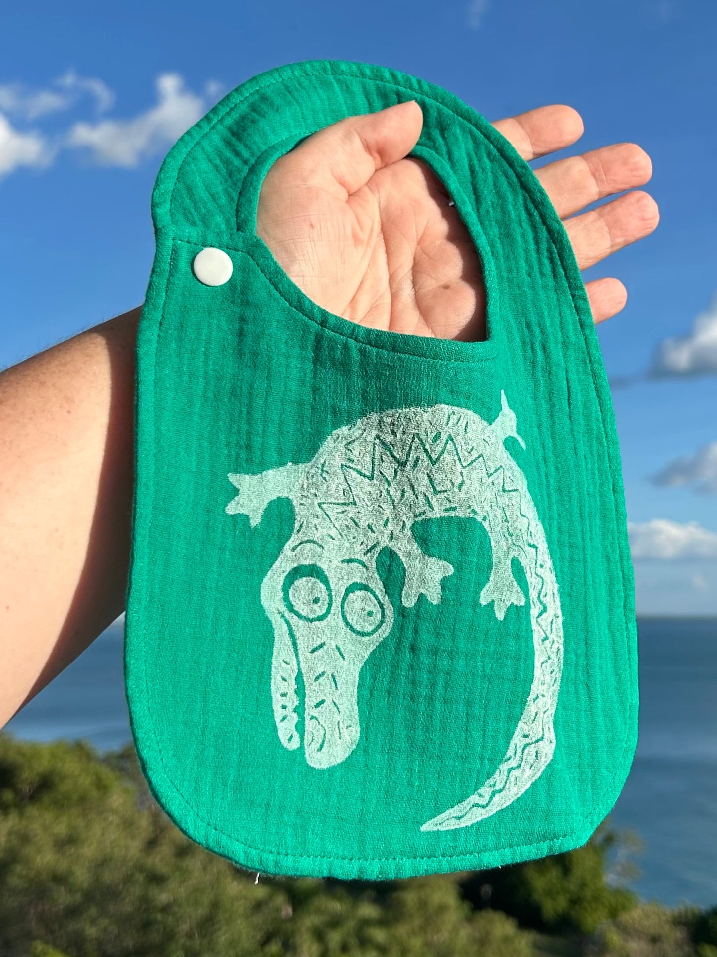 Bib - hand printed - crocodile